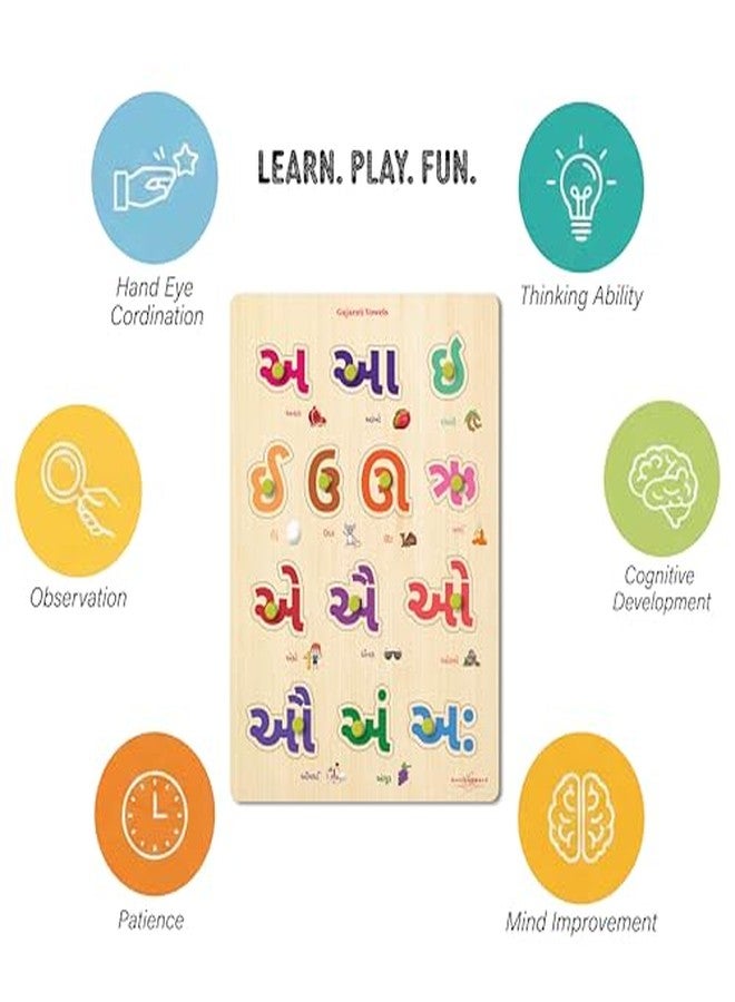 Khilonewale Wooden Knob Puzzle in Gujarati Language for Kids Age 3+ | 9x12 Inch Educational Alphabet & Word Learning Board | Montessori Early Learning Toy | Safe, Durable Wooden Puzzle (Gujrati Vowel) - Image 4